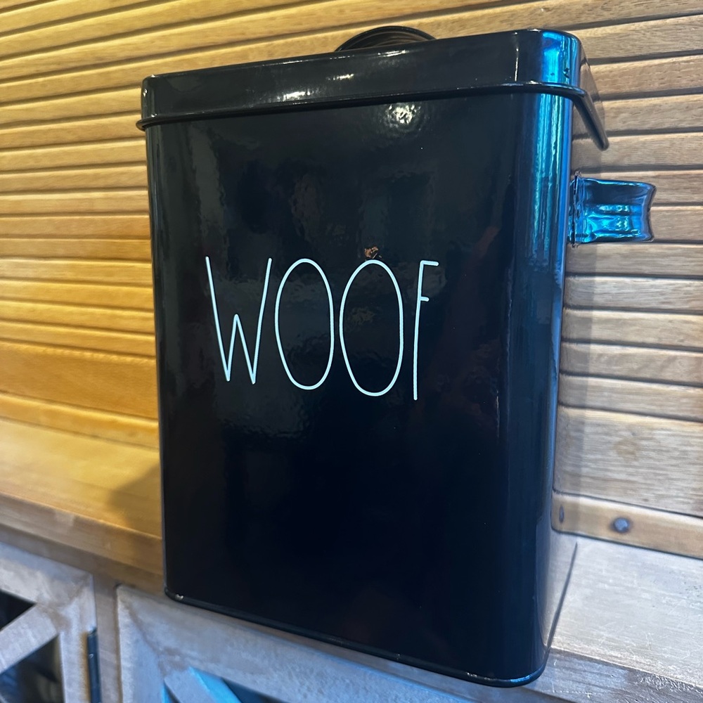 Black 'WOOF' Metal Pet Treat Canister- Rae Dunn